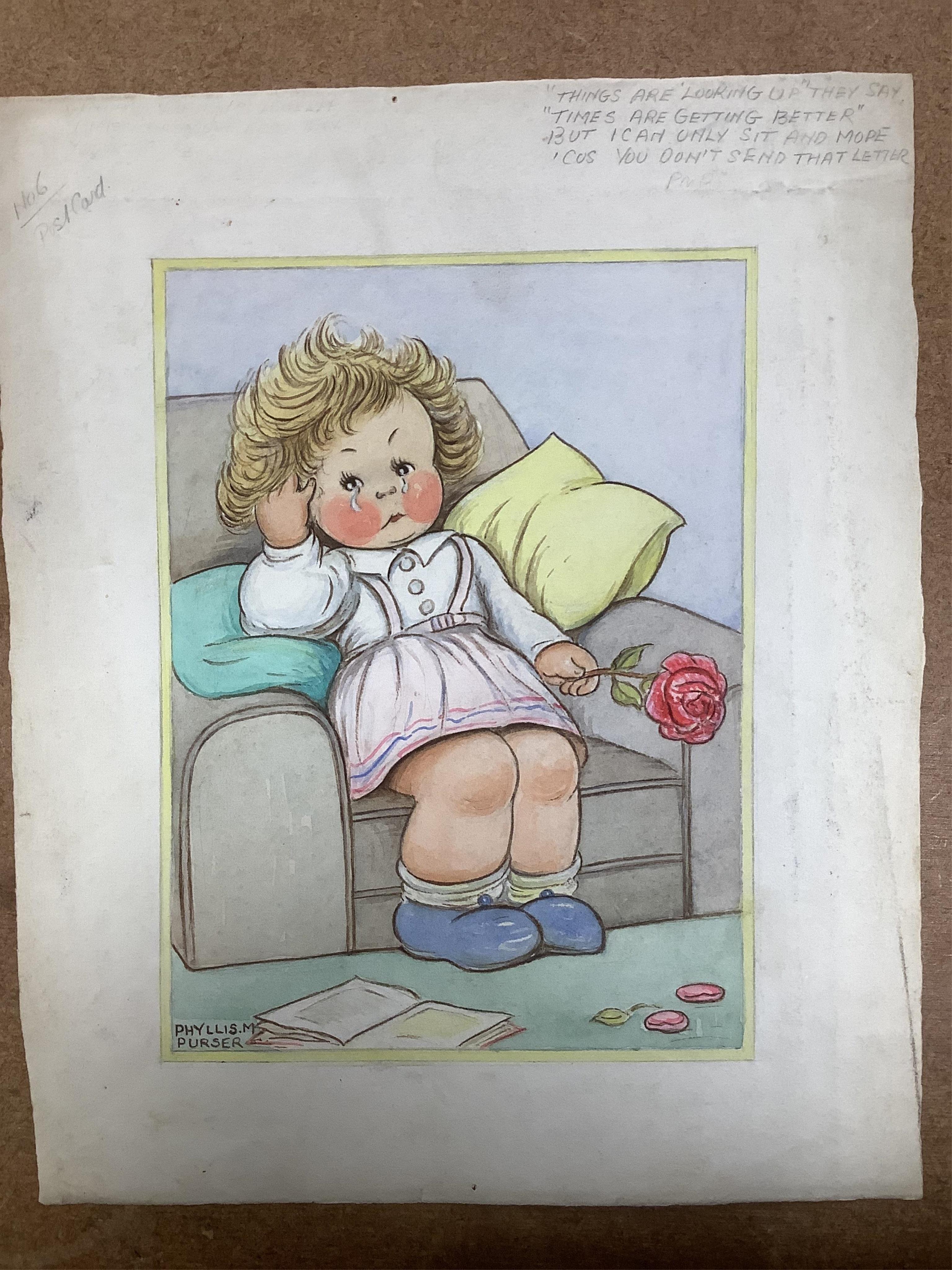 Phyllis Purser (1893-1990), six original watercolours on card for postcard designs, Humourous children, each signed, unframed, largest 39 x 28cm. Condition - fair, discolouration and creasing to the edges